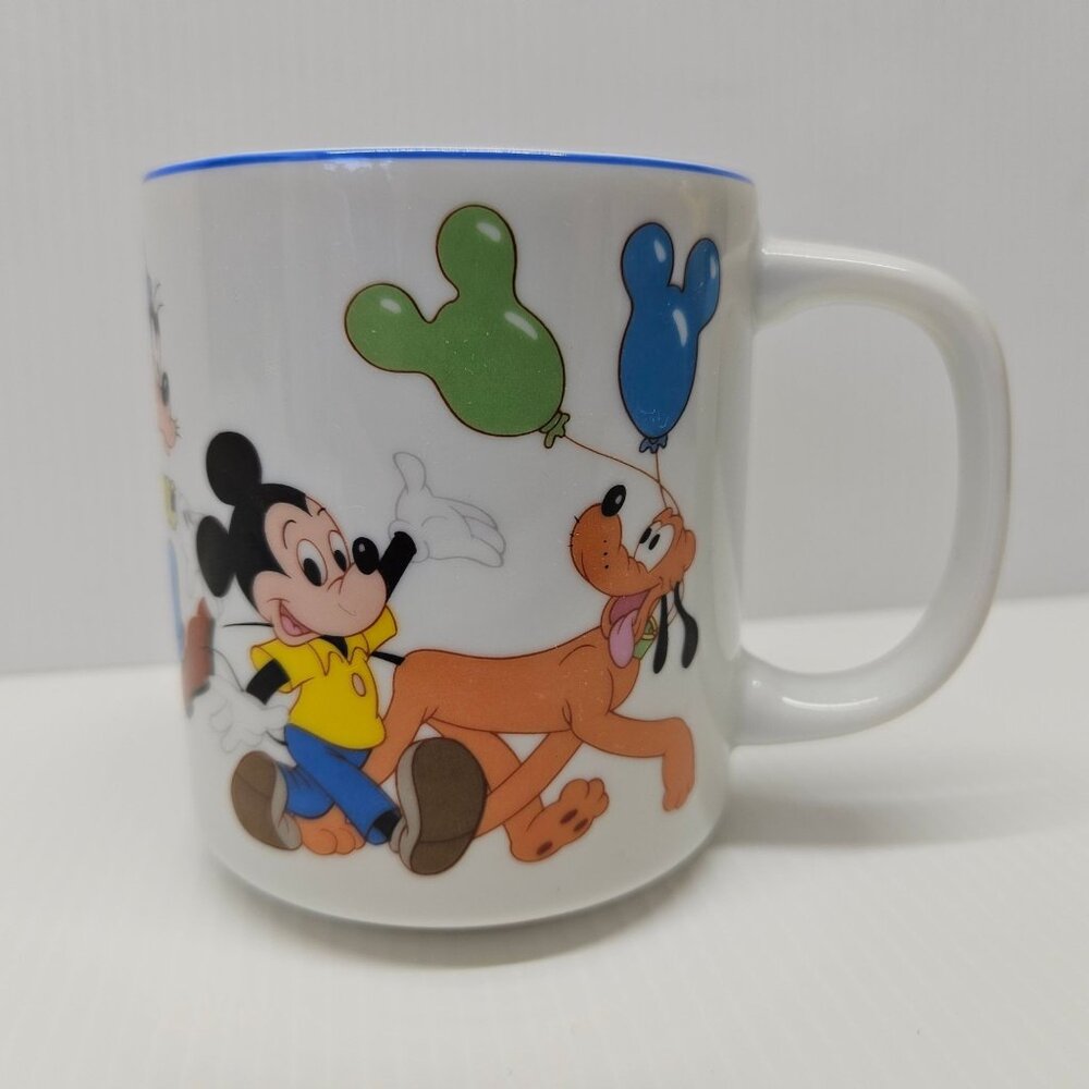 Disneyland Mickey and Friends Ceramic Mug With Balloons White With Blue Rim
